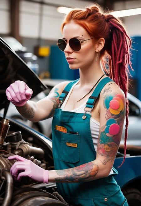 medium shot photo an absolutely stunning badass redhead girl who is a mechanic, dreadlocks, working on a supercar's engine. slightly muscular, tone, only wearing stained cap worn work gloves and dirty overalls, hair tied up in a bun, large boobs, sideboob, sweating, pale white skin, shiny skin, sweating, full sleeve colorful tattoo, leaning forward towards camera, smirking at viewer with one eyebrow up, dark sunglasses, hoop earrings, blowing bubblegum, bokeh,