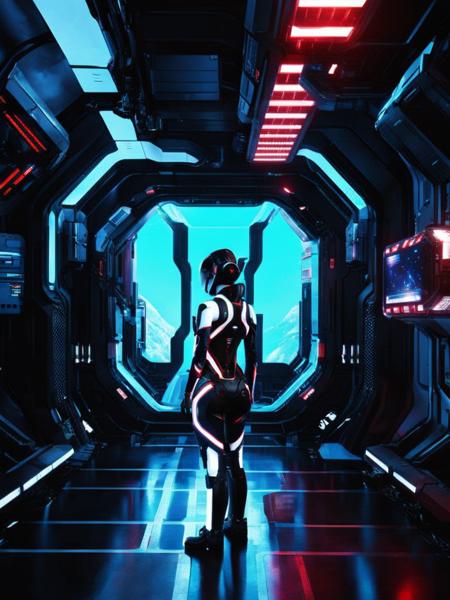 a hightech robotics in a futuristic space station with red and blue lights , 1girl, solo, standing, from behind, building, scenery, 1other, science fiction, light, road , <lora:hightech_robotics:0.9>