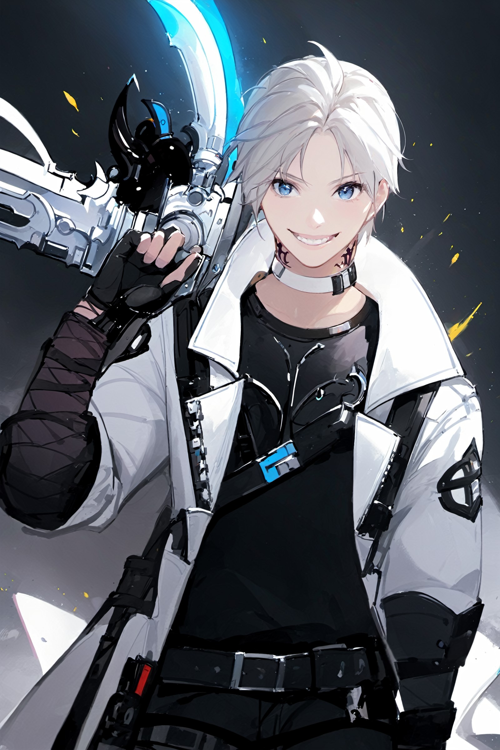 Thancred Waters,  looking at viewer,  smile,  shirt,  gloves,  holding,  jacket,  weapon,  choker,  black gloves,  belt,  ...