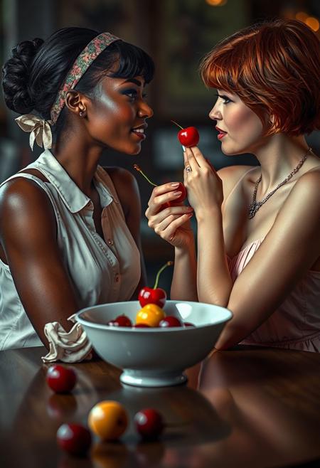 real life realistic, two beautiful women at a table, bowl of fruit between them, women looking in each other's eyes lovingly as one offers a cherry to the open mouth of the other woman.  One  hand is on the cheek of the other woman. one African American , one red-haired Irish. one small breasts, one large breasts. one sleeveless blouse and skirt, one sundress. one headband, one necklace. one bangs, one short hair.
score_9, score_8_up, very detailed, detailed eyes,  high detailed texture, realistic, photorealistic, perfect eyes, real life realistic, Expressiveh, Stable_Yogis_PDXL_Positives, midjourneylora, detailed background, dynamic angle, volumetric lighting, godrays, beautiful, small breasts, green eyes,