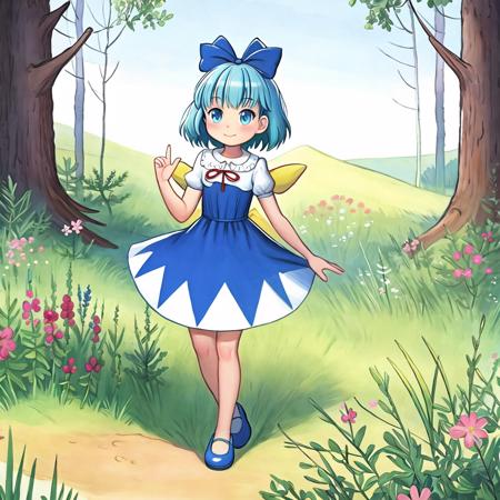 sut, award winning beautiful commission art, (masterpiece), (highest quality), high quality, cute, intricate, highly detailed, anatomically correct, 5 fingers, solo, highly detailed, illustration digital art, digital painting, dusk, 1girl, full body, flowering clover meadow, forest, (cirno:1.2) <lora:suteev_v3-000010:1>