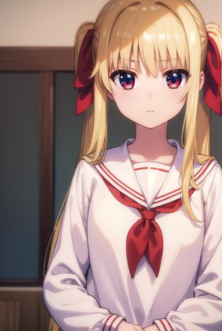 fatetestarossa, <lora:fate testarossa movie2-lora-nochekaiser:1>,
fate testarossa, long hair, blonde hair, (red eyes:1.3), twintails, hair ribbon,
BREAK long sleeves, school uniform, serafuku, shirt, white shirt, white sailor collar,
BREAK indoors, classroom,
BREAK looking at viewer, (cowboy shot:1.5),
BREAK <lyco:GoodHands-beta2:1>, (masterpiece:1.2), best quality, high resolution, unity 8k wallpaper, (illustration:0.8), (beautiful detailed eyes:1.6), extremely detailed face, perfect lighting, extremely detailed CG, (perfect hands, perfect anatomy),