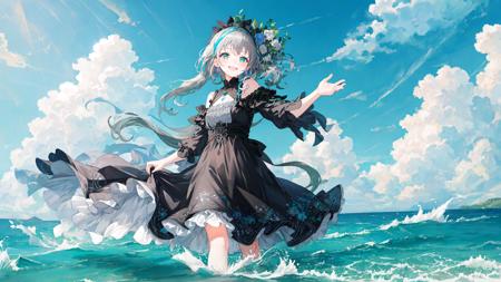 masterpiece,best quality,official art,extremely detailed CG unity 8k wallpaper,illustration,Blue sky, green water, colorful clouds,, bright, 1Girl, gray hair, amber eyes, smile, black dress, barefoot, turning around,