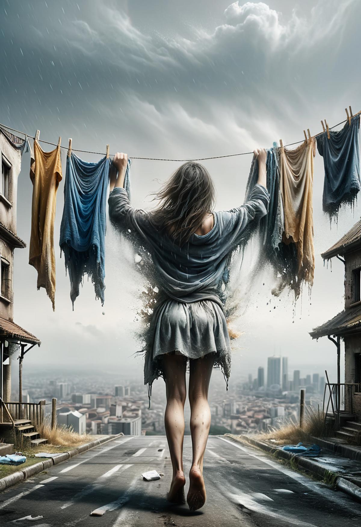 A woman standing on a rooftop holding clothes hanging from a rope.