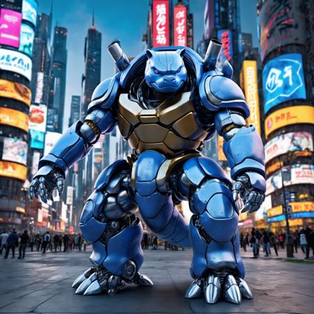 photo of full body shot of solo robot blastoise, a robot turtle, standing in cyberpunk city, neon signs in background, HD, masterpiece, best quality, hyper detailed, ultra detailed,