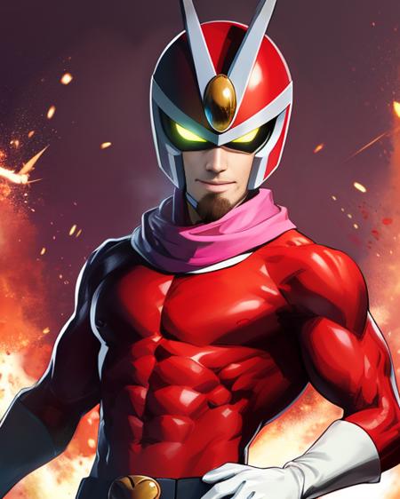 Joe,red goatee, upper body, 
Viewtiful, red bodysuit, pink scarf, helmet with glowing yellow eyes, white gloves and boots, abs, 
mouth closed,
town, explosions
(insanely detailed, beautiful detailed face, masterpiece, best quality) <lora:Viewtifuljoe-05:0.8>