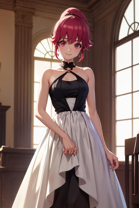 masterpiece, best quality, absurdres, perfect anatomy, 1girl, solo, AinoMegumi, short hair, ponytail, elegant, long dress, black dress, halterneck, smile, indoors, palace, jewelry, standing, <lora:CHAR-CureLovely:0.9>