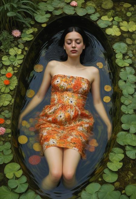 detailed photorealistic image, woman wearing flower dress is sinking in bath tab ,very long black hair, swamp, reflecting light, Diffuse reflection, daylight, open eyes, grin, sfw, flourishing plants ,(oil painting:1.5), in (abstract art:1.5) style, (by John Everett Millais:1.1), (by Paul Klee:1.7),  directional lighting, masterpiece, perfect composition, abstract glitch, from above, masterpiece,best quality,very aesthetic, absurdres,