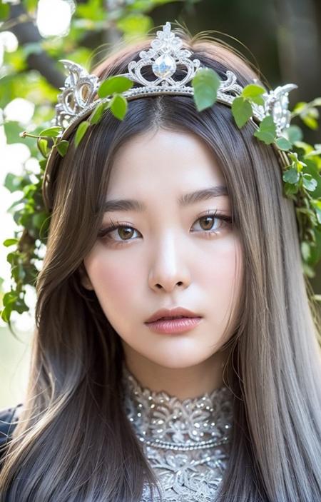 seulgi, girl, perfect eyes, (silver grey hair:1.1),(vines crown:1.2),(magical mantle:1.2), (ultra realistic:1.5), (close-up photo:1.2), (misty forest:1.2), (intricate:1.2), (looking at camera:1.2),<lora:seulgi-byhighwizardS1ver:1>