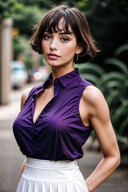 a professional photo of tylrlshae woman gazing into sunset, wearing a sleeveless purple nylon shirt, pleated white skirt, posing for picture in the abandoned city,  (ultra detailed skin), moles, (perfect eyes), (((perfect hands))), (hourglass waist:1.3), (photorealistic:1.2), close up, 8k, dslr, bokeh<lora:epiNoiseoffset_v3:1>  <lora:Taylor_Lashae:0.75>