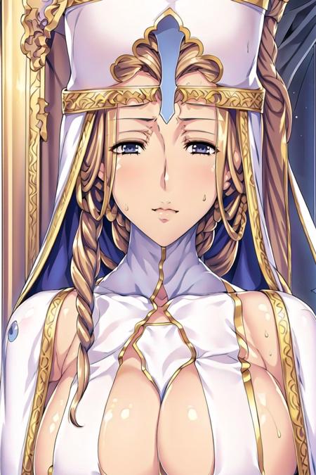 Simple White Background,
<lora:Sophie_Isekai_Harem-KK77-V2:0.3>,Sitting in a gold and red Throne,hands down,
a white hat with a blue arrow on her head, a blue and gold crown on her head,
white dress,white and gold cape,cleavage, clothing cutout, white legwear, white leotard,thighhighs,white and gold underwear,
<lora:Eleonora_Bern_Kuroinu2-KK77-V3:0.7>,<lora:Eleonora_Bern_Kuroinu2-KK77-V2:0.3>,<lora:Eleonora_Bern_Kuroinu2-KK77-V1:0.2>,jewelry,earrings,
(Brown_hair:1.4), long_hair, blue_eyes,Bangs,(braid:1.3),
<lora:Oda_Non_Style-KK77-V2:0.3>,<lora:more_details:0.1>,
1 girl, 20yo,Young female,Beautiful Finger,Beautiful long legs,Beautiful body,Beautiful Nose,Beautiful character design, perfect eyes, perfect face,expressive eyes,perfect balance,
looking at viewer,(Focus on her face),closed mouth, (innocent_big_eyes:1.0),(Light_Smile:0.3),
official art,extremely detailed CG unity 8k wallpaper, perfect lighting,Colorful, Bright_Front_face_Lighting,White skin,
(masterpiece:1.0),(best_quality:1.0), ultra high res,4K,ultra-detailed,
photography, 8K, HDR, highres, absurdres:1.2, Kodak portra 400, film grain, blurry background, bokeh:1.2, lens flare, (vibrant_color:1.2),professional photograph,
(Beautiful,large_Breasts:1.4), (beautiful_face:1.5),(narrow_waist),