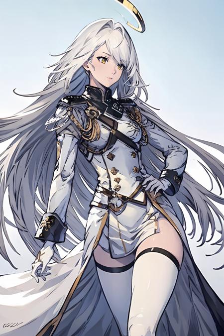 1girl, whole_top_body_view, white_military_uniform, angel_wings, white_hair, shining_eyes, yellow eyes, holding_white_gun, insanely_beautiful, arrogant_facial_expression, sky background, storm, low_angle_camera, front_view, looking_down, white_halo