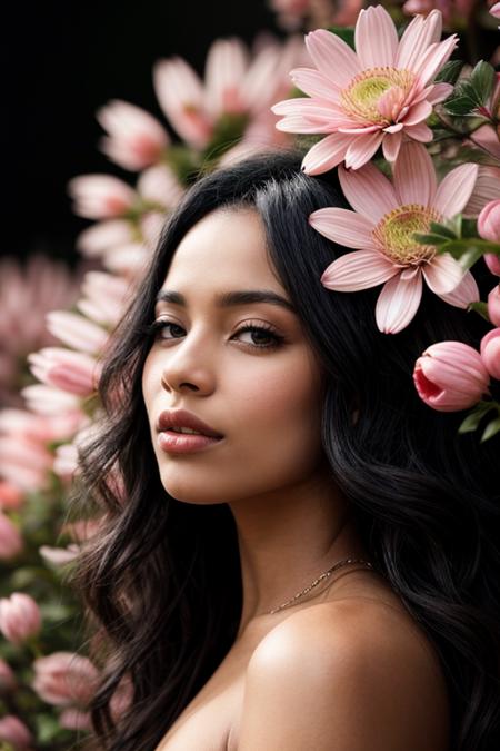 image of an African woman with dark skin and wavy black hair, adorned with vibrant pink flowers, scene rich in detail, showcasing dynamic lighting that highlights her features and the intricate details of the flowers, atmosphere conveys a sense of natural elegance and artistic sophistication, blending human beauty with floral aesthetics, composition hyper-realistic, emphasizing the harmonious relationship between the woman and the natural elements around her <lora:more_details:0.6>