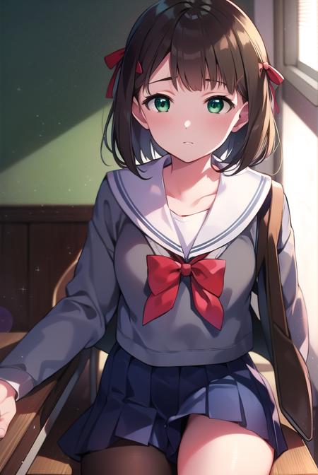 harukaamami, <lora:harukaamamitest:1>,
haruka amami, brown hair, (green eyes:1.5), short hair, (hair bow:1.5), hair ribbon, bangs, blunt bangs, (small breast:1.2),
BREAK bag, bow, school uniform, serafuku, skirt, sweater, long sleeves, red bow, blue skirt, grey sweater,
BREAK looking at viewer,
BREAK indoors, classroom,
BREAK <lora:GoodHands-vanilla:1>, (masterpiece:1.2), best quality, high resolution, unity 8k wallpaper, (illustration:0.8), (beautiful detailed eyes:1.6), extremely detailed face, perfect lighting, extremely detailed CG, (perfect hands, perfect anatomy),