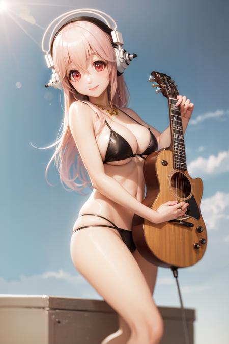 (masterpiece, best quality:1.2), <lora:super_sonico-10:1.0>, solo, 1girl, super sonico, smile, closed mouth, playing guitar, holding instrument, headphones, red eyes, swimsuit, bikini, large breasts