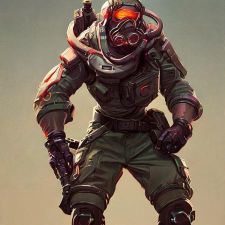 a cyborg future cyberpunk soldier, futuristic marine wearing a gas mask and goggles with a respirator holding a gun against his shoulder (PaintStyle5:0.9)