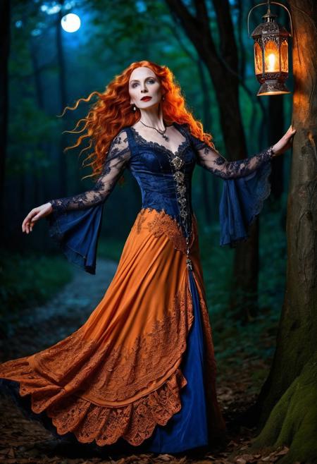 A captivating, cinematic night time photo of elegant beautiful goth vampire woman slowly dancing, slight smile, arms out, age 50 with long curly orange hair and freckles, full body view. She is dressed in an exquisite, orange and royal blue Victorian dress adorned with intricate lace and silver thread patterns. Her long orange hair flows elegantly, and her eyes are a striking shade of green. Matching slippers enhances her look. The background is a mystical, moonlit forest, dark shadows and glowing lanterns, creating an atmosphere of supernatural enchantment., DarkFantasy, photo, cinematic,