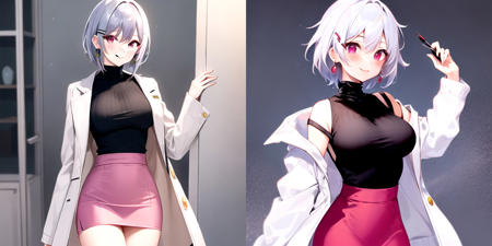 1girl, solo, breasts, looking at viewer, blush, smile, short hair, bangs, skirt, large breasts, shirt, hair ornament, red eyes, long sleeves, jewelry, medium breasts, closed mouth, standing, jacket, white hair, grey hair, cowboy shot, earrings, open clothes, hairclip, pink eyes, sweater, coat, black shirt, turtleneck, white jacket, pink skirt, pencil skirt, high-waist skirt, turtleneck sweater, white coat, shirt tucked in, black sweater