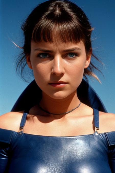 close up portrait photo of a fremen girl from the Dune franchise, in the style of the david lynch movie from 1984, massive sandworm in the background, fierce, petite, piercing blue eyes