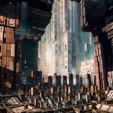 ((a view of a mega city)), layers of massive buildings blocking sunlight, (((flawless architecture))), 4k high resolution, masterpiece, trending on art station, (crisp clean lines), neon signs, high contrast, <lora:nomomassive:1>