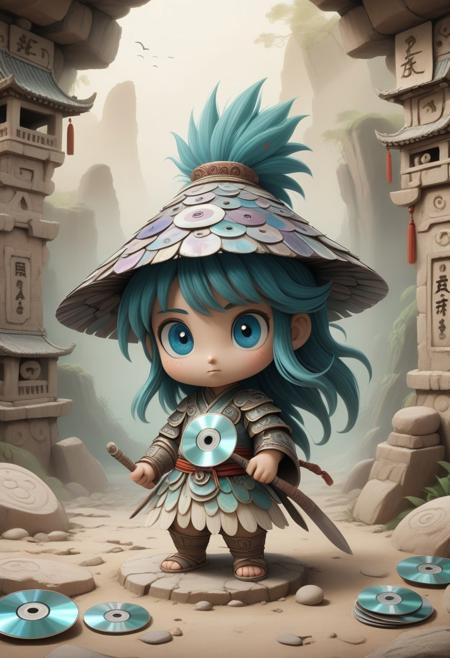 3DMM, in the style of studio Ghibli, chibi, archaeological illustration, vintage style, faded parchment, ancient Chinese  [  warrior  ] made out of CD's, detailed linework, intricate Chinese characters , detailed Asian background, hidden temple ruins, weathered abalone shell, detailed ceramic textures, muted color palette,