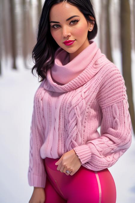 a photo of a woman, oliviam-1386, ((pale skin)), ((short hair, pink hair):1.2)((scarf, sweater, leggings):1.2), ((closeup, portrait):1.2),((outdoors, snow, forest):1.2),,((red lipstick, eyeliner, eye shadow, blush):1.2), ((best quality, masterpiece, extreme details, high resolution):1.2),((detailed eyes, beautiful eyes, detailed face, beautiful face):1.2)