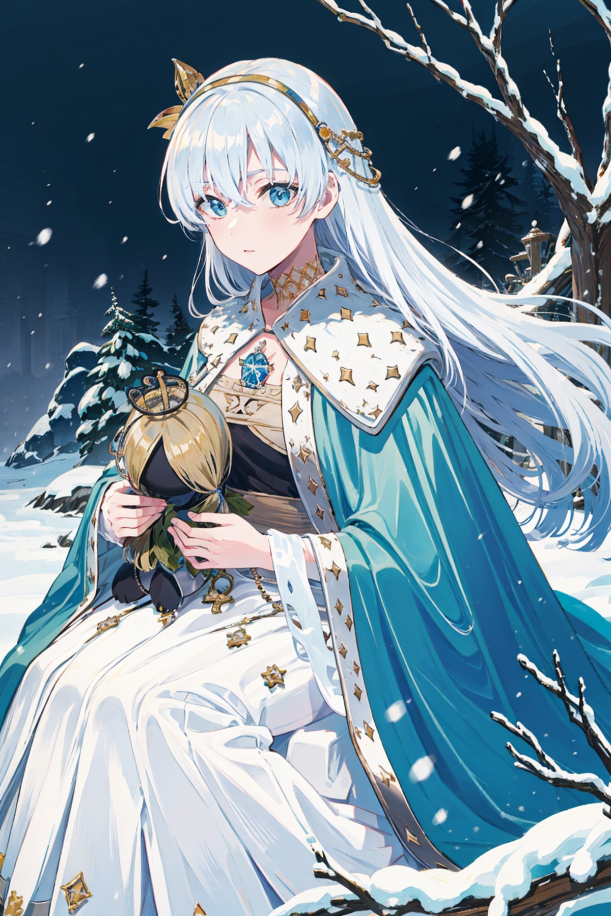 original outfit, 1girl, anastasia (fate), blue cloak, solo, crown, snow outdoor background,log, cloak, simple background, ...