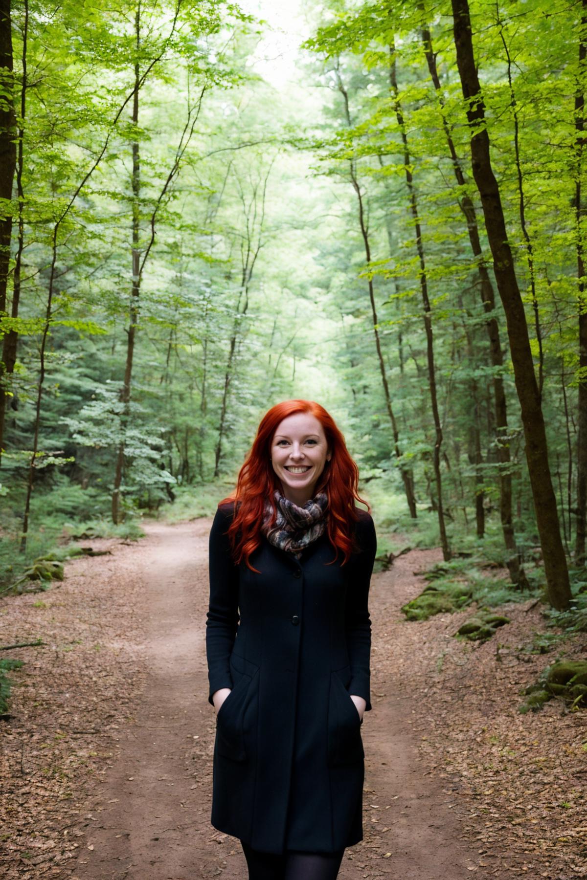 A smiling woman with red hair poses for a picture on a forest trail.