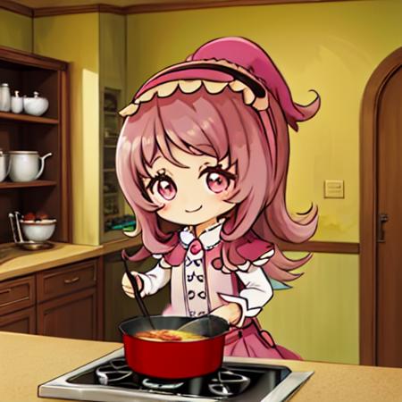 stone walls, indoors, kitchen BREAK solo, camellia, cute, smiling, chibi, pink eyes, cooking <lora:pk_camellia-000008:0.8>