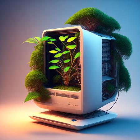 (ecocomputer style:1) a computer with a plant growing out of it <lora:djzEcoComputerV21_LoraBooth:1>