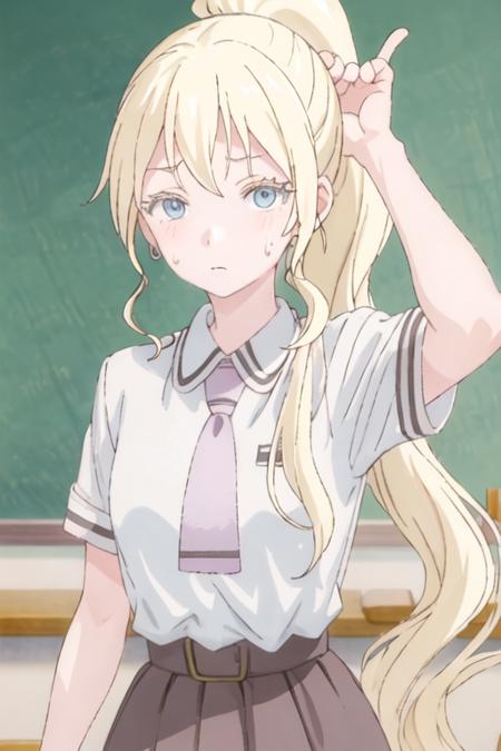 best quality, masterpiece, highres, solo, {olivia_asobiasobase:1.15}, blonde_hair, long_hair, blue_eyes, necktie, indoors, 1girl, shirt, white_shirt, closed_mouth, school_uniform, collared_shirt, short_sleeves, upper_body, looking_at_viewer, sweatdrop, ponytail, skirt