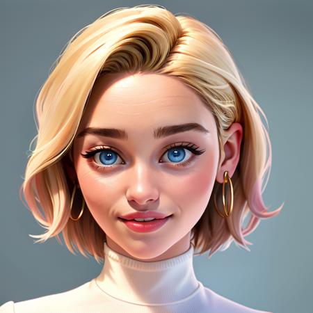 Realistic photo of a beautiful 3m1l14c-v2 woman, 1girl, solo, looking at viewer, smile, short hair, blue eyes, blonde hair, simple background, white background, jewelry, earrings, parted lips, artist name, lips, turtleneck, portrait, hoop earrings, realistic, android 18, soft lighting, professional Photography, Photorealistic, detailed, RAW, analog, sharp focus, 8k, HD, DSLR, high quality, Fujifilm XT3, film grain, award winning, masterpiece<lora:3m1l14c-v2:1.0>