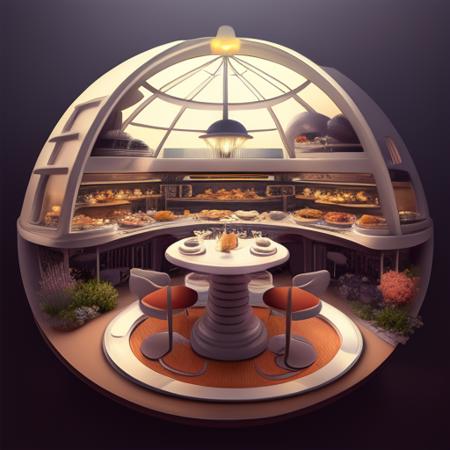 a close-up photo of a Isometric_Dreams, a restaurant with a circular table and chairs on it, with a dark background and a white table with a white table