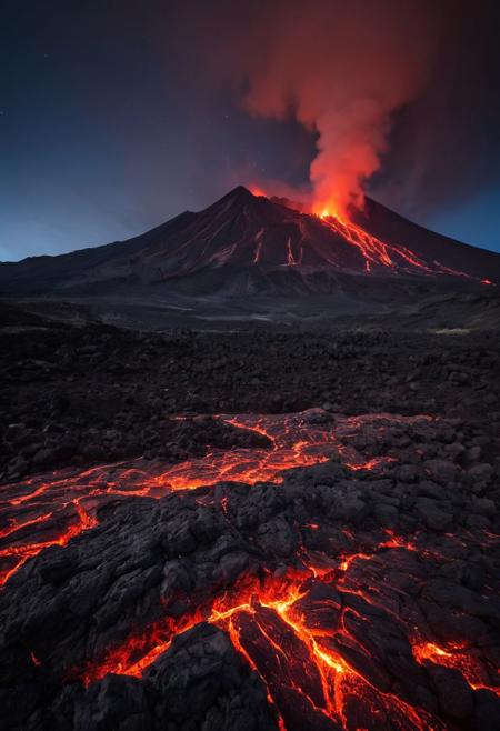 In the heart of a volcanic landscape. Molten lava cascades down the mountainside, casting an ominous red glow across the rocky terrain. With smoke and ash billowing into the sky, night time. magestic auroras in the sky. star filled sky.
many details, extreme detailed, full of details,
Wide range of colors.
Many details everywhere.  soft shadows. Low saturation colors. Insane quality. Insane resolution. Insane details. Masterpiece. 32k resolution.
Dramatic,Dynamic,Cinematic,Sharp details
 <lora:add-detail-xl:1>