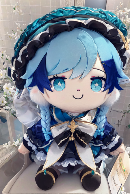 Toy Plushie, masterpiece, best quality,1boy, solo, green headwear, braid, male focus, short hair with long locks, twin braids, hat, blue hair, smile, black hair, beret, gradient hair, bangs, blue eyes, frills, multicolored hair, looking at viewer, bow, jewelry, gem, maid headdress, androgynous<lora:Toy_Plushies-10:1>