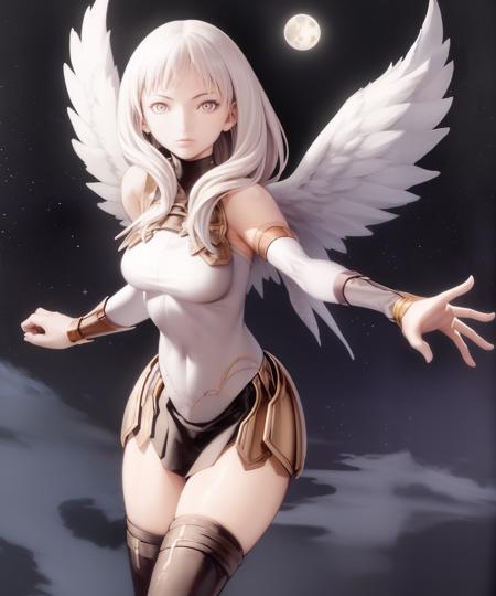 <lora:Claymore-NAI-LyCORIS-512px:0.9>
1girl, Valkyrie, flying, solo, wings, night, clouds, moon, stars, white hair,  pauldrons, thigh_boots