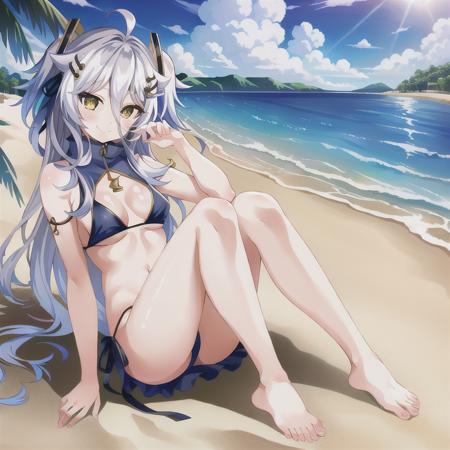 (masterpiece, official art), solo, 1girl, bikini, smile, henya_the_genius, beach, full body, <lora:henya_the_genius-10:1>