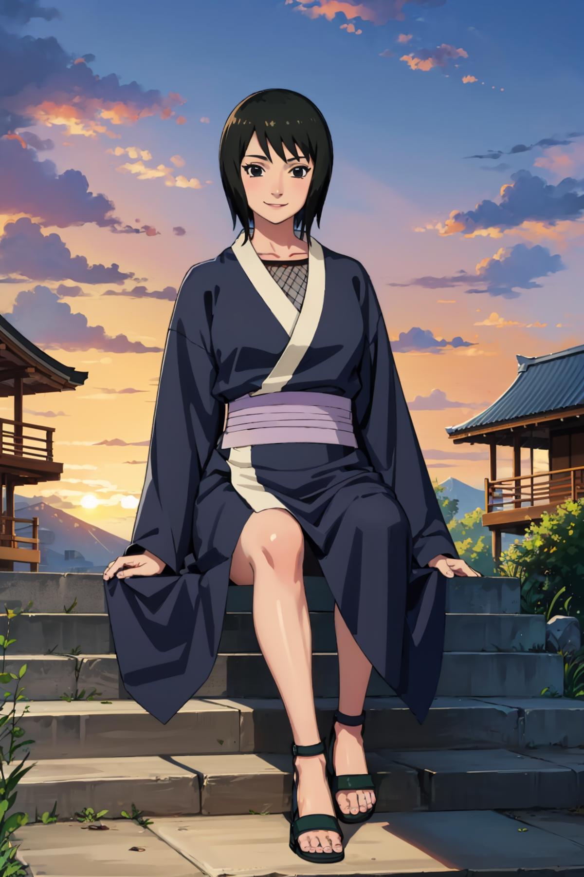 Anime Character Sitting on Stairs at Sunset.