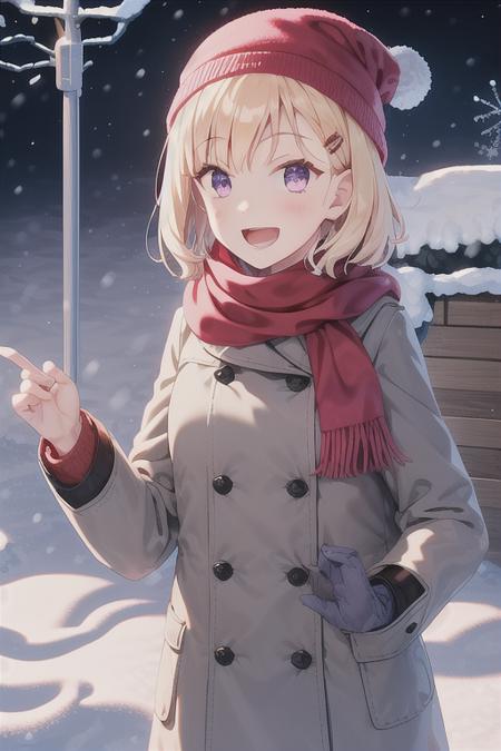 Saki, blonde hair, hairpin, short hair, snowy, walking, smiling, grey cape, red scarf, grey winter hat,  purple eyes, snow, red building on background, open mouth, (winter clothes), (masterpiece)",