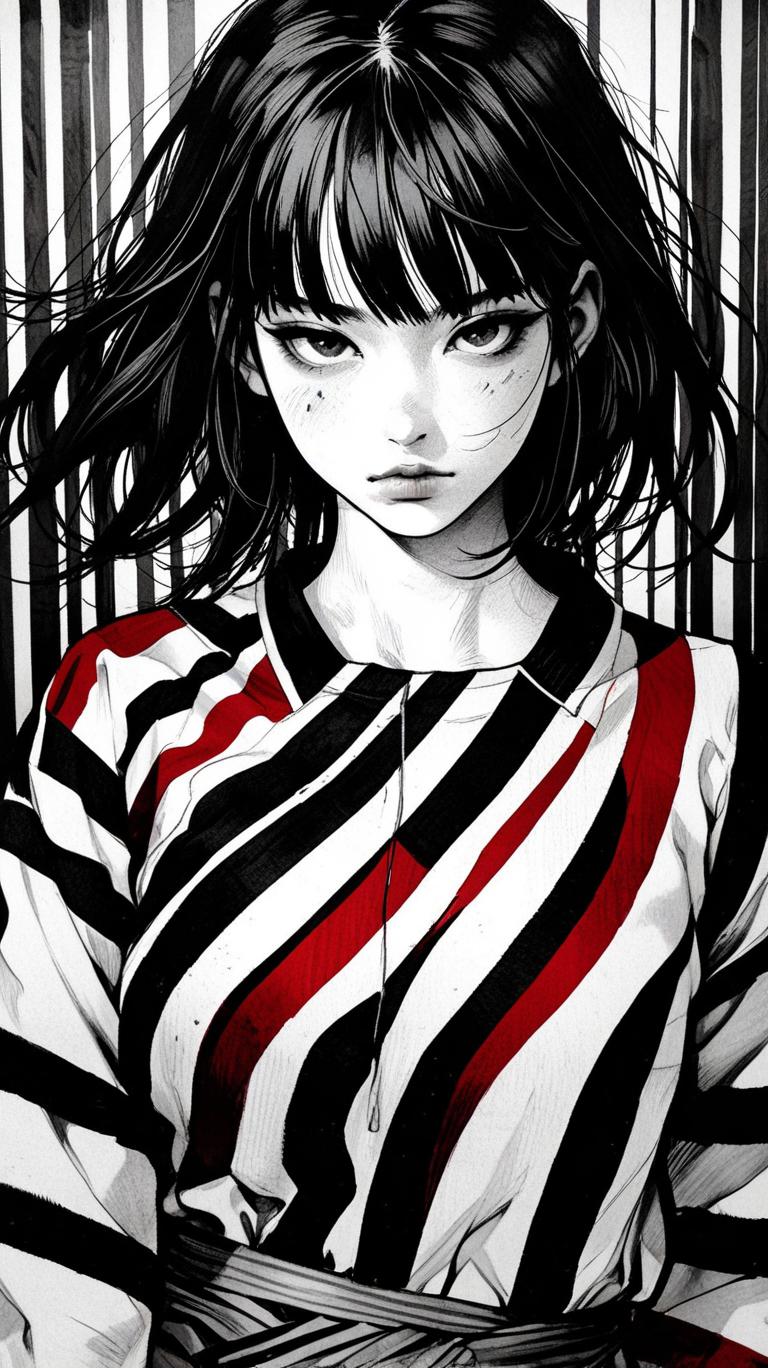 Striking manga-style painting of a woman with red and black stripes, bold contrast of stark black and white, intricate details in hair and clothing, inspired by the works of Akira Toriyama and Masashi Kishimoto.