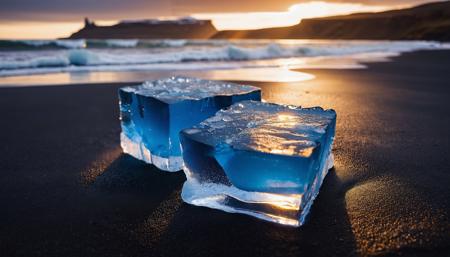 Macro raw photography of two (broken:1.2) blue ice squares on a beach, iceland, black sand, Rays of Shimmering Light, Natural Lighting, golden hour, saturated, detailed, intricate, uhd, 8k, golden rule, by Erez Marom, by Colby Brown, masterpiece, flickr, artstation