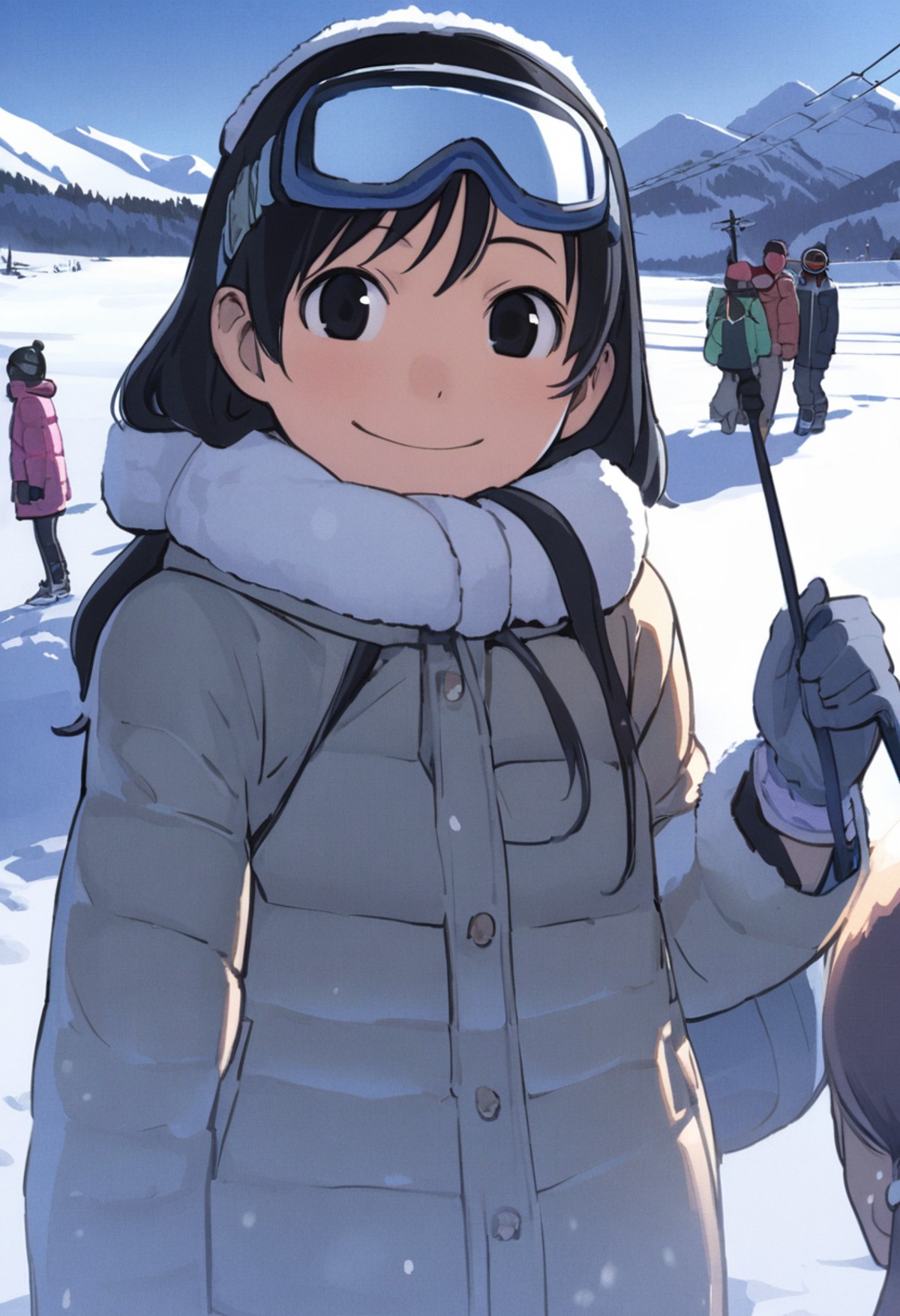 <lora:comiclo_a31:1>,snow, goggles, sky, black hair, outdoors, winter, black eyes, smile, multiple girls, day, 1girl, glov...