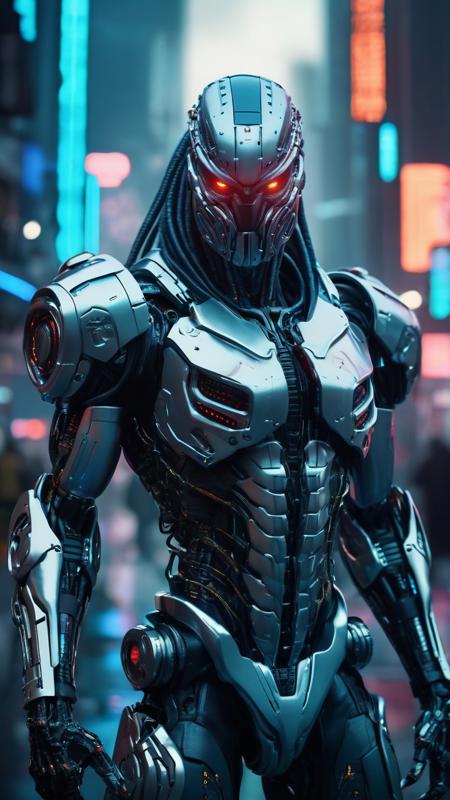 biomechanical style, portrait of a cyborg predator in a futuristic town,cinematic shoot,blade runner atmosphere, blend of organic and mechanical elements, futuristic, cybernetic, detailed, intricate