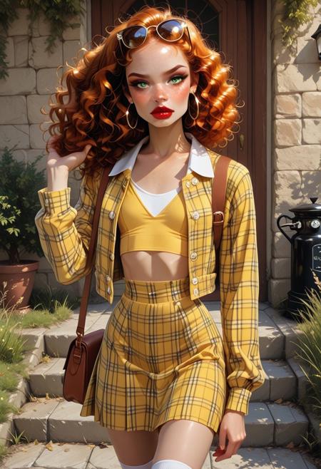college setting, outdoors, entrance, steps, grass, coffee stand, sunny day, detailed, sharp focus, beautiful, solo, 1 girl, Sandy, freckles, curly hair, long ginger hair, makeup, red lipstick, eye shadow, hoop earrings, green eyes, looking at viewer, lips slightly parted, tight waist, freckles on shoulder and chest, tiny breasts, shy, cute, skinny, petite, delicate,   fierce expression, sunglasses on head, yellow plaid jacket, yellow plaid skirt, white collared shirt, white kneehighs, yellow vest, high heels, satchel over shoulder