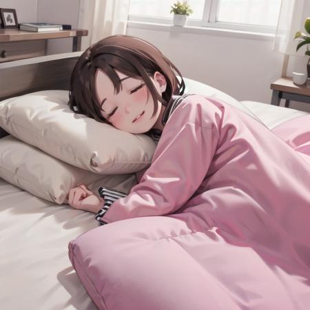 best quality, ultra-detailed, illustration, smile, 1girl, solo,
futon, closed eyes, pillow, sleeping, brown hair, lying, bed, blanket, smile, on side, under covers, lips, indoors,
 <lora:goodsleep_SD15_V3_DIM4:0.8>