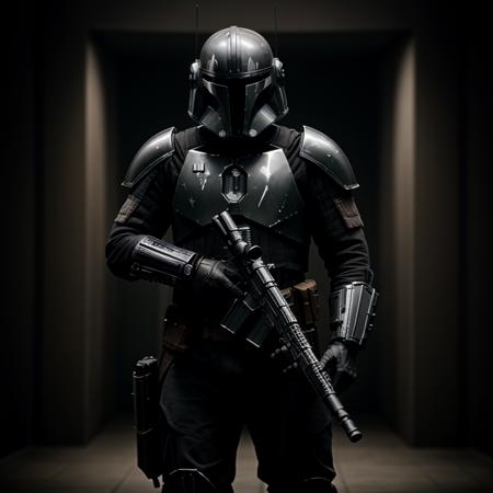 cinematic film still of  <lora:Mandalorian Style SD1.5:1.2>
in star wars universe a man in a black grey helmet holding a rifle Mandalorian style, shallow depth of field, vignette, highly detailed, high budget, bokeh, cinemascope, moody, epic, gorgeous, film grain, grainy