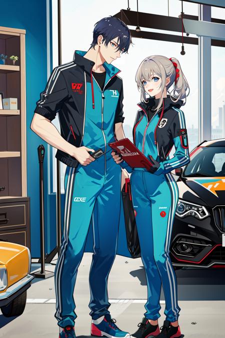 masterpiece, best quality, 2others, couple, 1man with 1woman, Height difference, happy, love, jumpsuit, car repair shop, different color hair