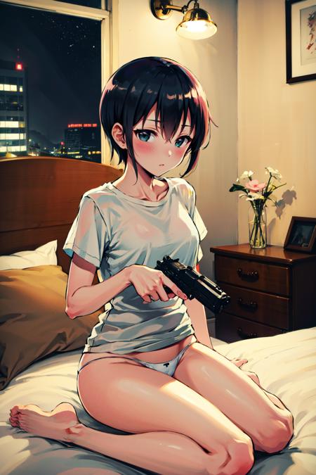 absurdres, highres, best quality, <lora:kino_v2:1> kino \(kino no tabi\), bedroom, white t-shirt, white panties , blush, sitting, looking at viewer, hotel room, night, cleaning pistol, holding weapon,