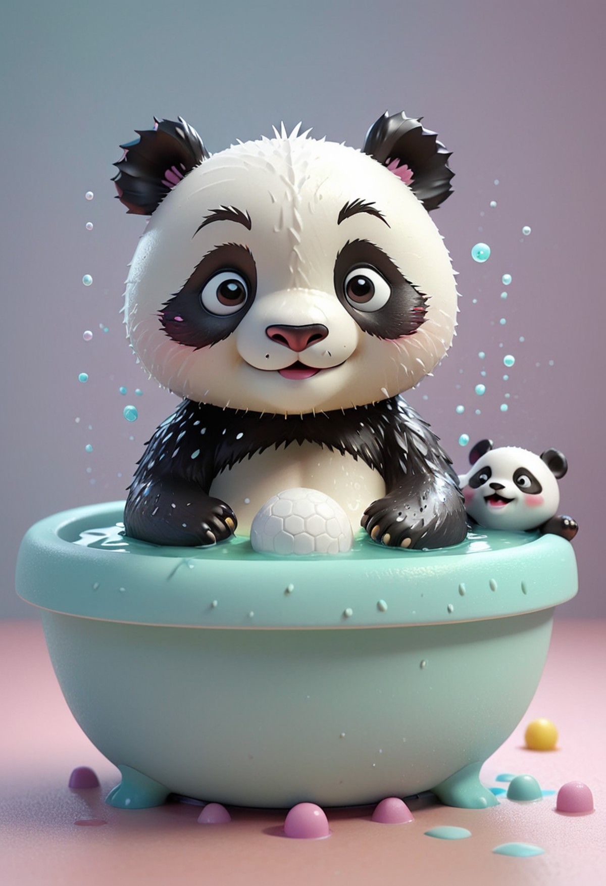 miniture, tiny cute panda ball toy, inside of bathtub, plastic texture, soft smooth lighting, soft pastel colors, skottie ...
