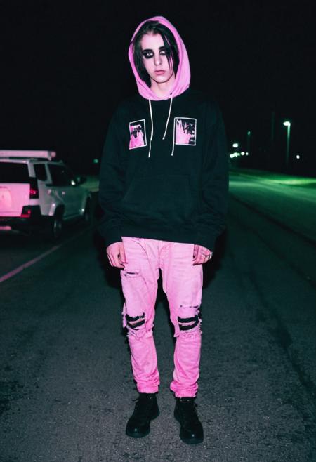 go pro photo, full body,1man, 25 y.o. , night , low andle, bright clothes 90's, grainy photo, analogue glitch effect, emo, black and pink colors in clothes, black eyeliner